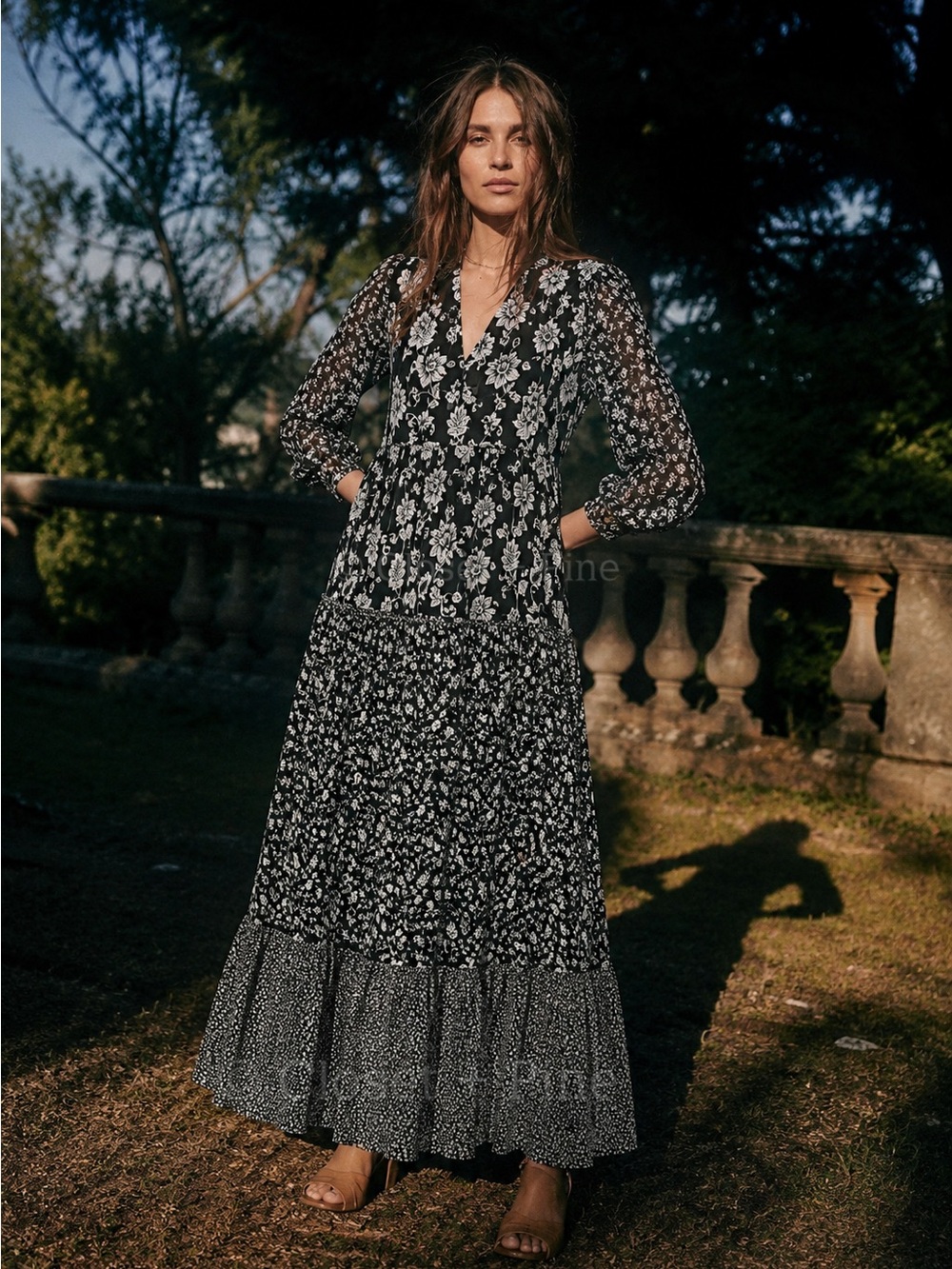 Sezane Noreen Dress‎ Black White Floral Maxi Size 4 FR 36 Silk Blend